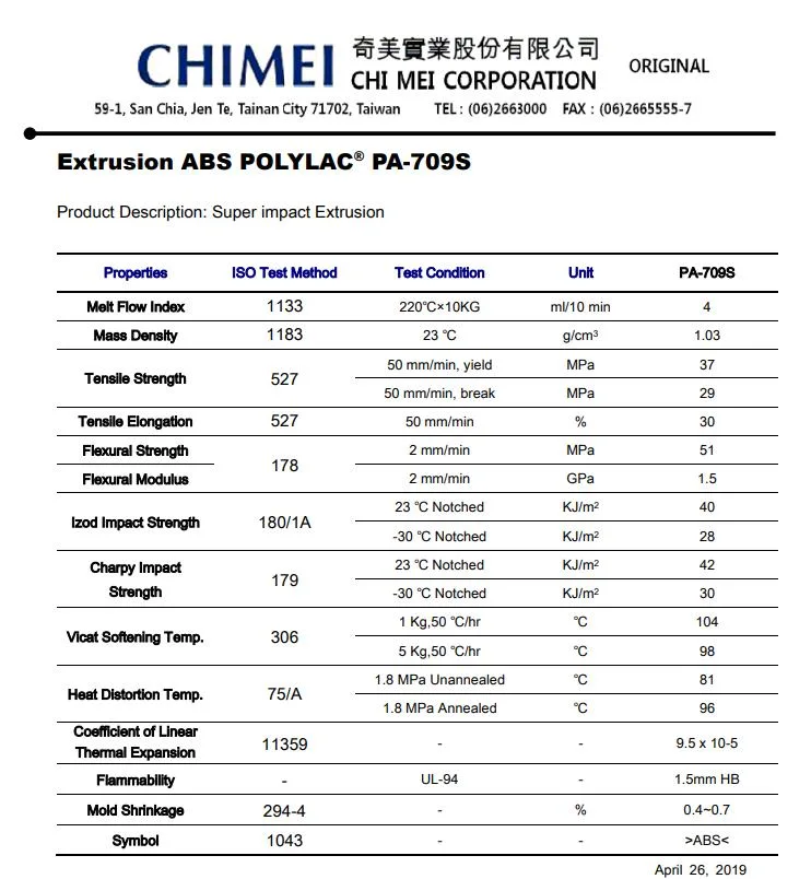 High Impact High Gloss PA-709s ABS Raw Material ABS Pellet Polylac Resin Extrusion Grade Injection Grade